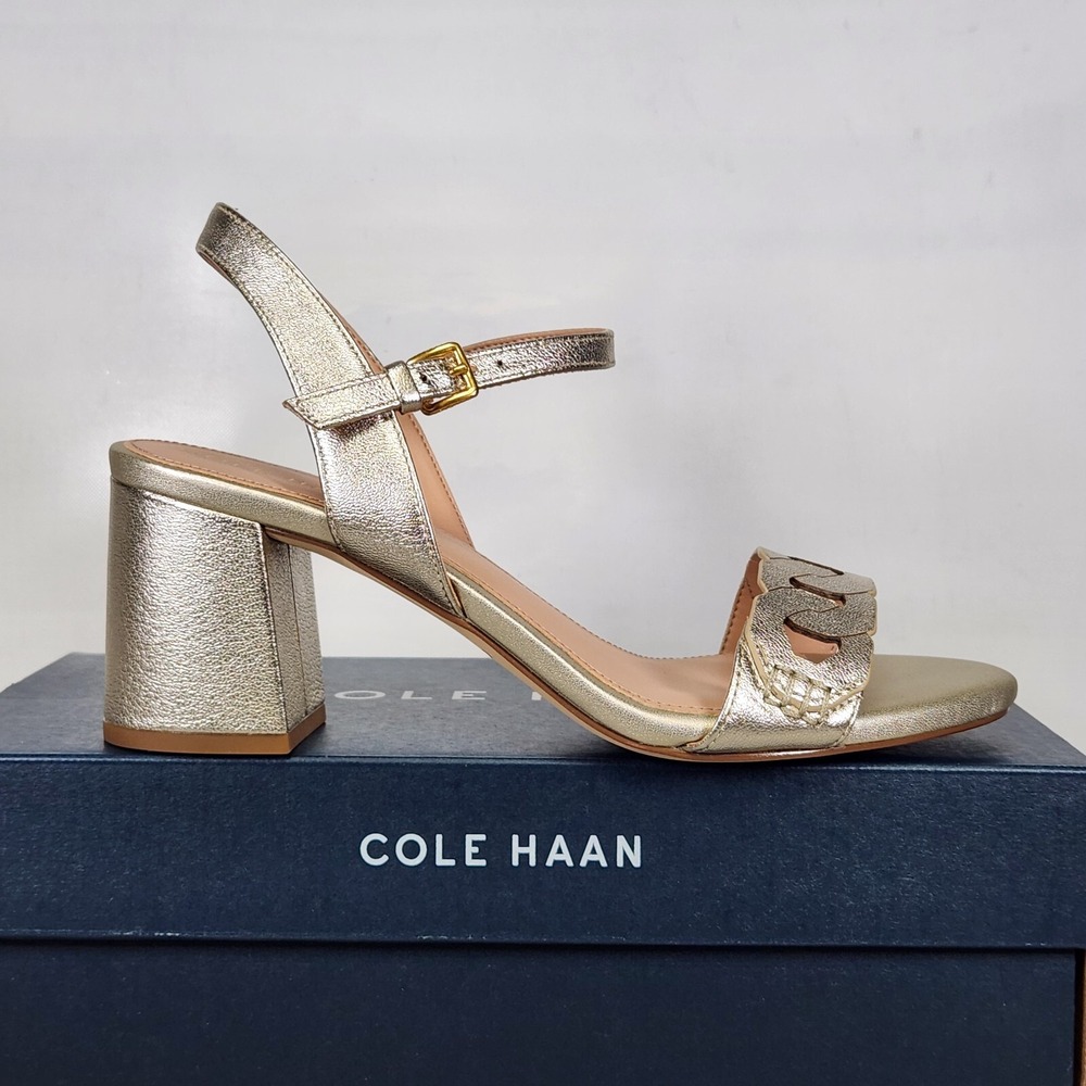 Cole Haan Josie Chain Sandal Women Size 7 Soft Gold Metallic Block Heel